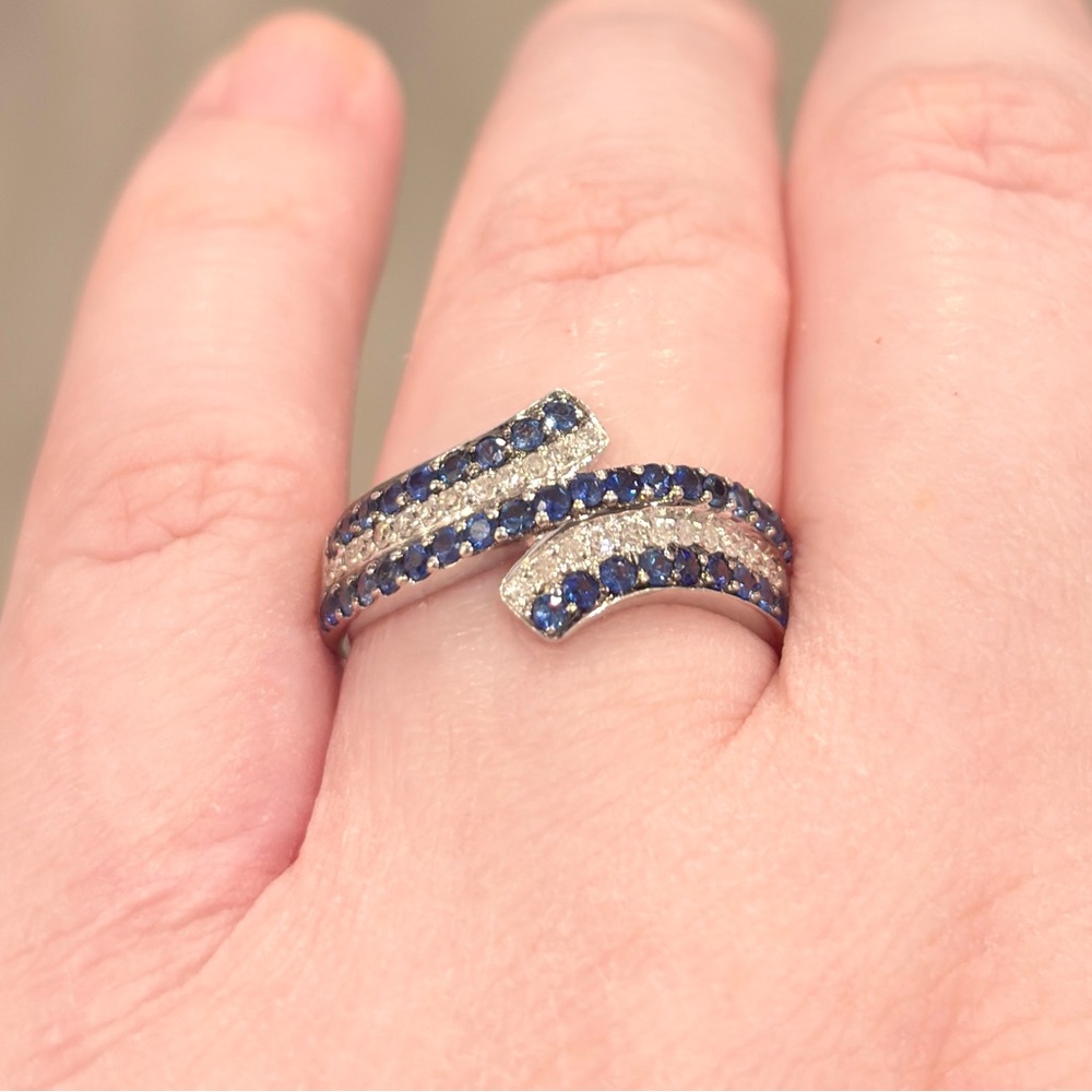 Vintage 14K Sapphire Diamond Ring, Natural Half Carat Blue Wave Size 7.25 - Picture 4 of 14